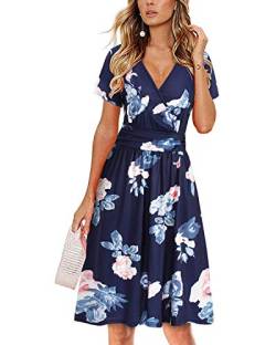 OUGES Damen Sommerkleid Kurzarm V-Ausschnitt Knielang Blumenmuster Midi Kleid mit Taschen（Floral17, M） von OUGES