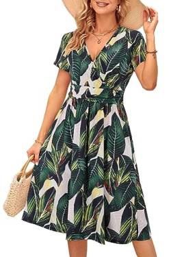 OUGES Damen Sommerkleid Kurzarm V-Ausschnitt Knielang Blumenmuster Midi Kleid mit Taschen（FloralW, M） von OUGES