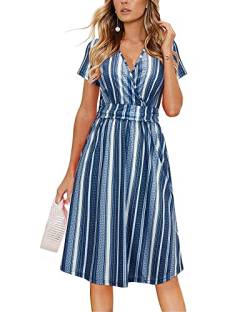 OUGES Damen Sommerkleid Kurzarm V-Ausschnitt Knielang Blumenmuster Midi Kleid mit Taschen(FloralZ18-419,L) von OUGES