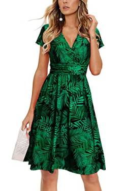 OUGES Damen Sommerkleid Kurzarm V-Ausschnitt Knielang Blumenmuster Midi Kleid mit Taschen(FloralZ28-419,M) von OUGES