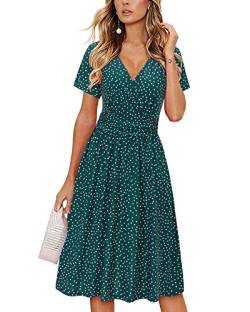 OUGES Damen Sommerkleid Kurzarm V-Ausschnitt Knielang Blumenmuster Midi Kleid mit Taschen（Grün Gepunktet, XXL） von OUGES