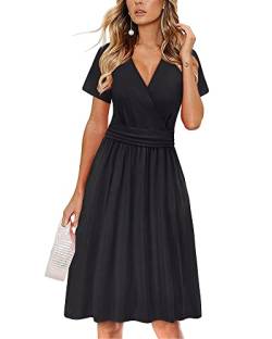 OUGES Damen Sommerkleid Kurzarm V-Ausschnitt Knielang Midi Kleid mit Taschen（Schwarz, M） von OUGES