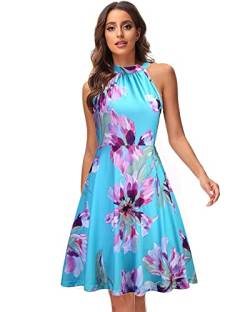 OUGES Damen Sommerkleid Neckholder Ärmellos A Linie Kleider Blumenmuster Baumwolle Kleid Knielang Cocktailkleid(Floral04,L) von OUGES