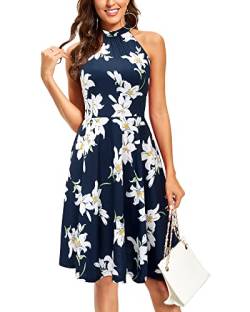 OUGES Damen Sommerkleid Neckholder Ärmellos A Linie Kleider Blumenmuster Baumwolle Kleid Knielang Cocktailkleid(Floral07,L) von OUGES