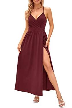 OUGES Damen Sommerkleid V-Ausschnitt Maxikleid Rückenfreies High Waist Spaghetti Strap Freizeitkleid Lang Split Kleider(Dunkelrot,L) von OUGES