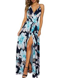 OUGES Damen Sommerkleid V-Ausschnitt Maxikleid Rückenfreies High Waist Spaghetti Strap Freizeitkleid Lang Split Kleider(Floral13,XL) von OUGES