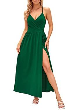 OUGES Damen Sommerkleid V-Ausschnitt Maxikleid Rückenfreies High Waist Spaghetti Strap Freizeitkleid Lang Split Kleider(Grün,L) von OUGES