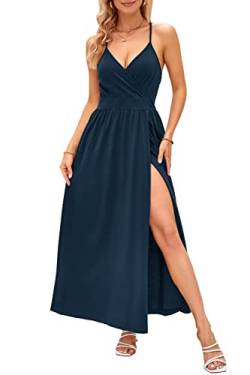 OUGES Damen Sommerkleid V-Ausschnitt Maxikleid Rückenfreies High Waist Spaghetti Strap Freizeitkleid Lang Split Kleider(Marine,XL) von OUGES