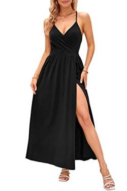 OUGES Damen Sommerkleid V-Ausschnitt Maxikleid Rückenfreies High Waist Spaghetti Strap Freizeitkleid Lang Split Kleider(Schwarz,L) von OUGES