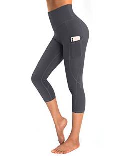 OUGES Damen Sport Leggings 3/4 High Waist Capris Leggins Yogahose Blickdichte Sporthose mit Taschen (Dunkelgrau-20inch,M) von OUGES