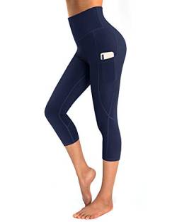 OUGES Damen Sport Leggings 3/4 High Waist Capri Leggins Yogahose Blickdichte Sporthose mit Taschen (Navy-20inch,S) von OUGES