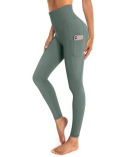 OUGES Damen Sport Leggings High Waist Leggins Yogahose Blickdichte Sporthose mit Taschen (Hellgrün,XL) von OUGES