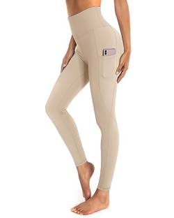 OUGES Damen Sport Leggings High Waist Leggins Yogahose Blickdichte Sporthose mit Taschen (Khaki,XXL) von OUGES