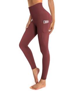 OUGES Damen Sport Leggings High Waist Leggins Yogahose Blickdichte Sporthose mit Taschen (Rot,M) von OUGES