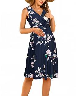 OUGES Damen V-Ausschnitt Ärmellos Sommer Blumen Umstandskleider Stillkleid mit Taschen(Floral15-315,L) von OUGES