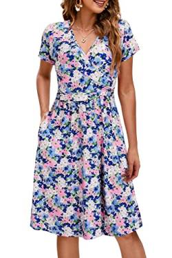 OUGES Damen V-Ausschnitt Kurzarm Sommer Blumen Umstandskleider Stillkleid mit Taschen(Floral A,L) von OUGES