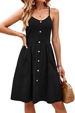 OUGES Damen V-Ausschnitt Sommerkleid Spaghetti-Trägern Minikleid Button Down Freizeitkleid mit Taschen(Schwarz327,X-Groß) von OUGES