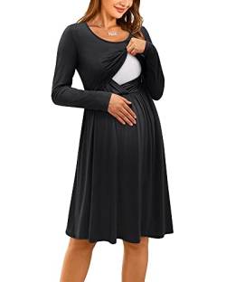 OUGES Damen Winter Umstandskleid Stillkleid Lässiges Schwangere Herbst Baumwolle Kleid mit Taschen(Schwarz592,L) von OUGES