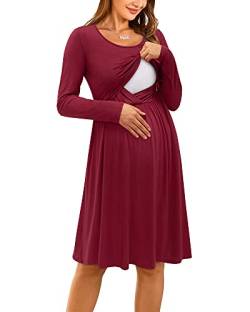 OUGES Damen Winter Umstandskleid Stillkleid Lässiges Schwangere Herbst Baumwolle Kleid mit Taschen(Wein592,L) von OUGES