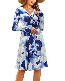 OUGES Damen Winter Umstandskleid V-Ausschnitt Langarm Blumen Stillkleid Lässiges Schwangere Kleider mit Taschen Herbst(FloralC-661,M) von OUGES