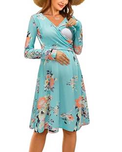 OUGES Damen Winter Umstandskleid V-Ausschnitt Langarm Blumen Stillkleid Lässiges Schwangere Kleider mit Taschen Herbst(FloralD-661,L) von OUGES