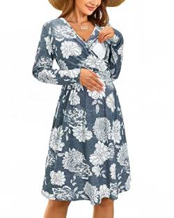 OUGES Damen Winter Umstandskleid V-Ausschnitt Langarm Blumen Stillkleid Lässiges Schwangere Kleider mit Taschen Herbst(FloralE-661,L) von OUGES