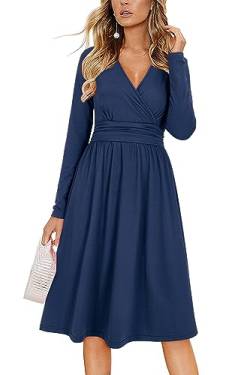 OUGES Kleid Damen Winterkleid V-Ausschnitt Langarm Casual Kleider Knielang Freizeitkleid Midi Herbstkleid mit Taschen(Marine-01,XXL) von OUGES