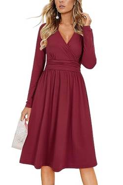 OUGES Kleid Damen Winterkleid V-Ausschnitt Langarm Casual Kleider Knielang Freizeitkleid Midi Herbstkleid mit Taschen(Wein-01,XL) von OUGES