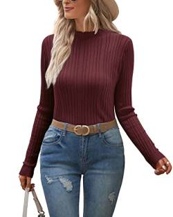 OUGES Pullover Damen Rollkragenpullover Langarm Pulli Winter Rolli Langarmshirt Eng Oberteile mit Stehkragen(Dunkelrot,L) von OUGES