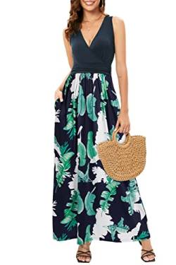 OUGES Sommerkleid Damen Ärmellos V-Ausschnitt Kleider Casual Boho Kleid Maxikleid mit Taschen (Floral01-3142, S) von OUGES
