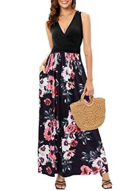 OUGES Sommerkleid Damen Ärmellos V-Ausschnitt Kleider Casual Boho Kleid Maxikleid mit Taschen (Floral02-3142, XXL) von OUGES