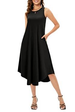 OUGES Sommerkleid Damen Boho Lang Kleid Midi Kleider Casual Maxikleid Strandkleid mit Taschen(Schwarz,L) von OUGES