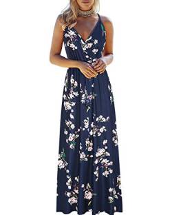 OUGES Sommerkleid Damen Elegant Lang Maxikleider V-Ausschnitt Kleider Ärmellos Spaghettiträger Elegant Blumenkleid Strandkleid Freizeitkleid Mit Taschen(Blumen09-OE442,L) von OUGES