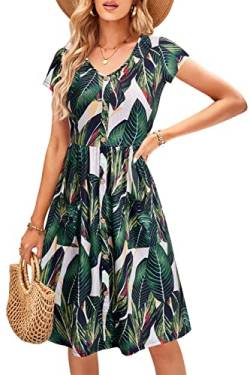 OUGES Sommerkleid Damen Kleider Kurzarm V-Ausschnitt Midi Kleid Knopfleiste Knielang Freizeitkleid mit Taschen(Floral08, XL) von OUGES