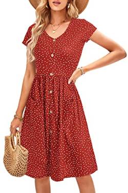 OUGES Sommerkleid Damen Kleider Kurzarm V-Ausschnitt Midi Kleid Knopfleiste Knielang Freizeitkleid mit Taschen(Rot Gepunktet 425,M) von OUGES