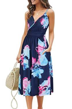 OUGES Sommerkleid Damen Knielang Kleider Sommer Spaghettiträger V-Ausschnitt Kleid Midikleid mit Taschen(Floral01-452, XL) von OUGES