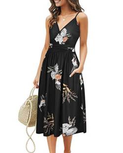 OUGES Sommerkleid Damen Knielang Kleider Sommer Spaghettiträger V-Ausschnitt Kleid Midikleid mit Taschen(Floral03-452, L) von OUGES