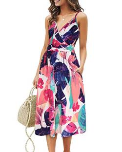 OUGES Sommerkleid Damen Knielang Kleider Sommer Spaghettiträger V-Ausschnitt Kleid Midikleid mit Taschen(FloralJ-452, L) von OUGES