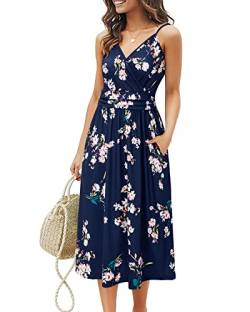 OUGES Sommerkleid Damen Knielang Kleider Sommer Spaghettiträger V-Ausschnitt Kleid Midikleid mit Taschen(FloralR-452, M) von OUGES