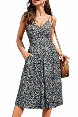 OUGES Sommerkleid Damen Knielang Kleider Sommer Spaghettiträger V-Ausschnitt Kleid Midikleid mit Taschen(FloralZ01,L) von OUGES