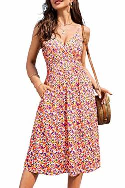 OUGES Sommerkleid Damen Knielang Kleider Sommer Spaghettiträger V-Ausschnitt Kleid Midikleid mit Taschen(FloralZ02,M) von OUGES