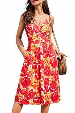 OUGES Sommerkleid Damen Knielang Kleider Sommer Spaghettiträger V-Ausschnitt Kleid Midikleid mit Taschen(FloralZ06,L) von OUGES