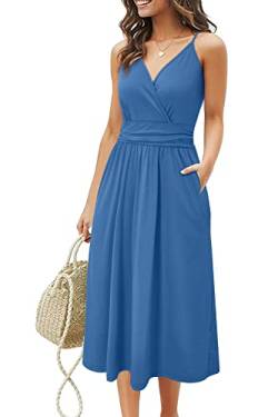 OUGES Sommerkleid Damen Knielang Kleider Sommer Spaghettiträger V-Ausschnitt Kleid Midikleid mit Taschen(Grau Blau,L) von OUGES