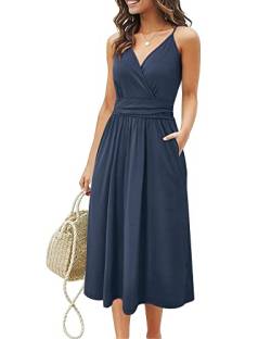 OUGES Sommerkleid Damen Knielang Kleider Sommer Spaghettiträger V-Ausschnitt Kleid Midikleid mit Taschen(Marine,M) von OUGES