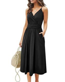 OUGES Sommerkleid Damen Knielang Kleider Sommer Spaghettiträger V-Ausschnitt Kleid Midikleid mit Taschen(Schwarz,XL) von OUGES