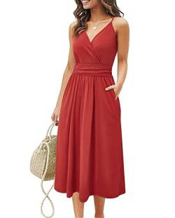 OUGES Sommerkleid Damen Knielang Kleider Sommer Spaghettiträger V-Ausschnitt Kleid Midikleid mit Taschen(Wein,L) von OUGES