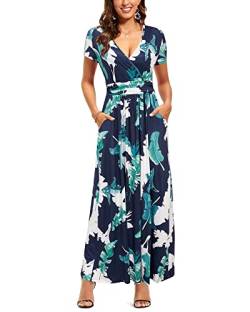 OUGES Sommerkleid Damen Kurzarm V-Ausschnitt Kleider Casual Boho Kleid Maxikleid mit Taschen(Feder, L) von OUGES