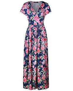 OUGES Sommerkleid Damen Kurzarm V-Ausschnitt Kleider Casual Boho Kleid Maxikleid mit Taschen Partykleid(Floral-04, S) von OUGES