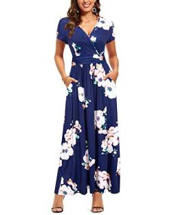 OUGES Sommerkleid Damen Kurzarm V-Ausschnitt Kleider Casual Boho Kleid Maxikleid mit Taschen Partykleid(Floral-12, M) von OUGES
