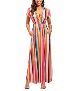OUGES Sommerkleid Damen Kurzarm V-Ausschnitt Kleider Casual Boho Kleid Maxikleid mit Taschen(Floral-34, L) von OUGES